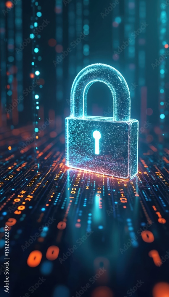 Poster digital padlock formed by binary code cybersecurity. futuristic tech landscape with glowing numbers,