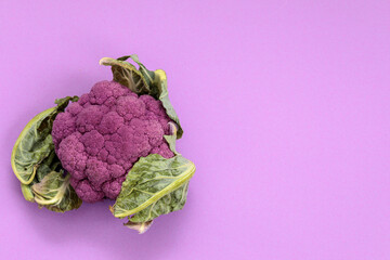 Bright purple cauliflower with green leaves on a rich purple background. Juicy creative background...