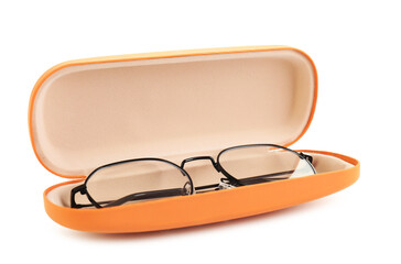 Case with stylish glasses isolated on white