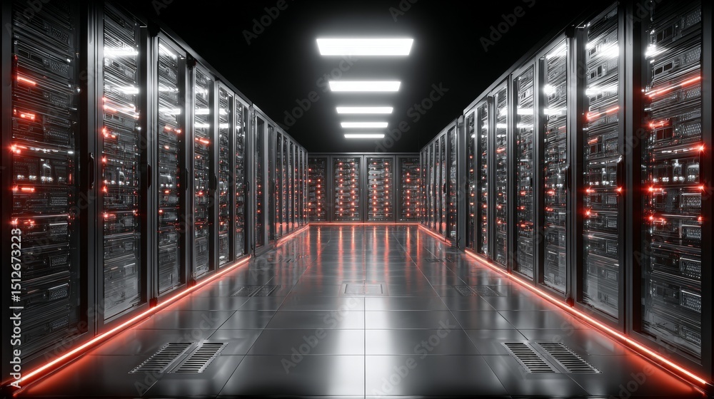 Poster a data center is showcased with numerous rows of server racks in full operation, highlighting modern