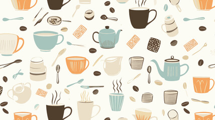 Seamless vector pattern of cozy tea and coffee cups with spoons and warm beverage elements