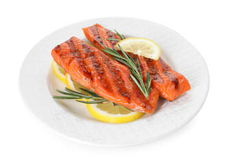Seafood. Tasty grilled salmon, rosemary and lemon isolated on white