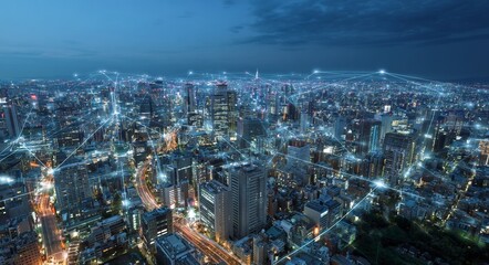 Obraz premium A city's telecommunication network is depicted above the urban landscape, highlighting wireless mobile internet technology for smart grid or 5G LTE data connection, with a focus on IoT, global