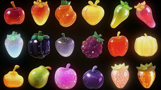 A cartoon and 3d realistic of the Gummy jelly candy set, cute sweet, on a black background, Generative AI Videos.
