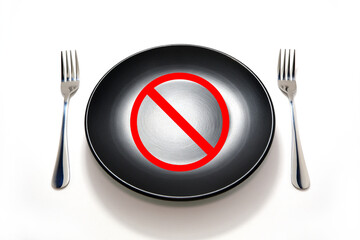 Dark ceramic plate with forks isolated on white background close-up view with banned sign, Ramadan...