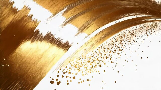 Abstract golden brushstrokes with glitter on white background create a luxurious and elegant texture for festive invitations and designs