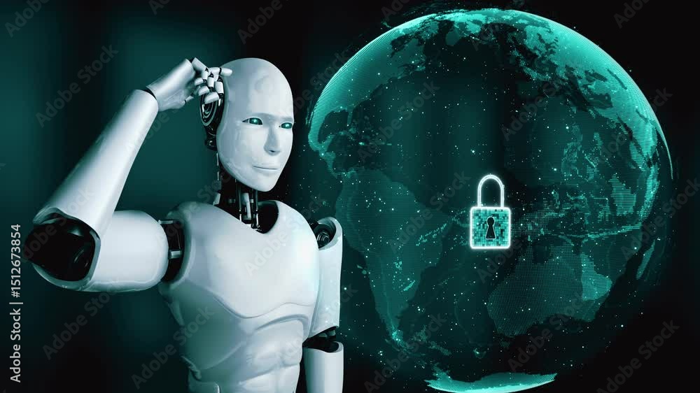 Poster ai robot huminoid uses cloud computing technology to store data on online server . futuristic concep