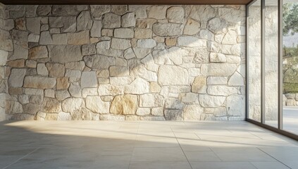 Fototapeta premium Natural Stone Wall: A close-up shot of a wall crafted from natural stone showcases the beauty and texture of the material. The intricate arrangement of stones.