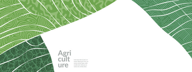Green vector background with sustainable design and agriculture pattern featuring tea, eco rice plantation. Abstract hill environment with wheat farm landscape. Organic nature scene with paddy, corn