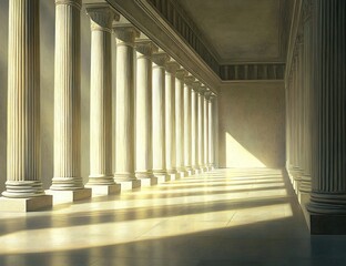 A long row of Greek-style columns in an empty room with smooth stone walls and floor, bathed in sunlight from the side, creating a sense of grandeur and symmetry. 
