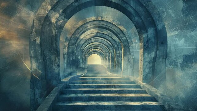 Ancient glowing keystone on a vaulted arch, many stairs leading up to it, on parchement paper, Blue and gold watercolor theme, Generative AI Videos.