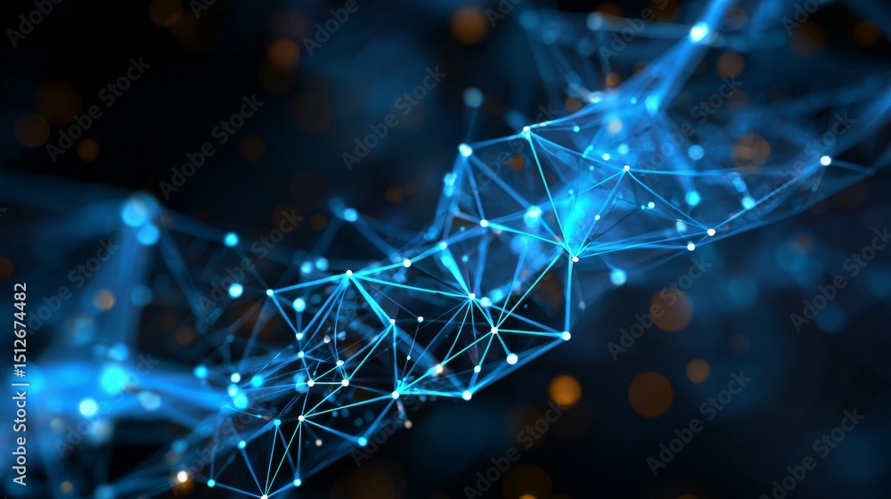 Poster the concept of a technology and communication network is represented by abstract dots and lines inte