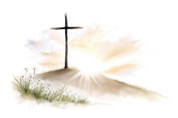 Fototapeta premium Christian Cross on Hill Watercolor Illustration Isolated on White Background
