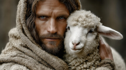 Portrait of Shepherd Jesus Christ Taking Care of One Missing Lamb