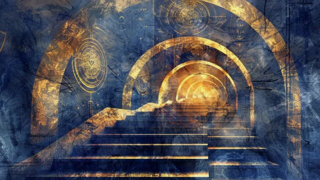 Ancient glowing keystone on a vaulted arch, many stairs leading up to it, on parchement paper, Blue and gold watercolor theme, Generative AI Videos.