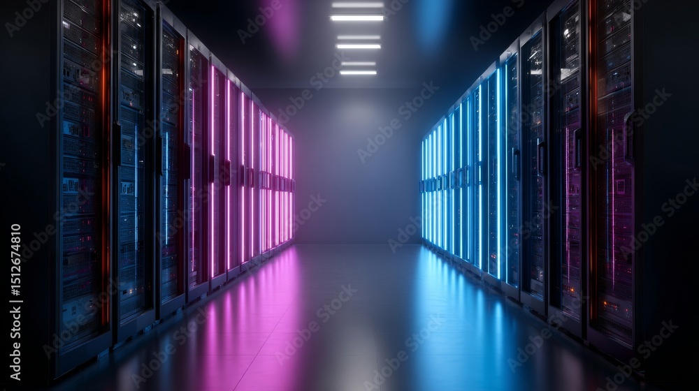 Aufkleber the concept of modern telecommunications is illustrated in a 3d rendering of a data center, packed w