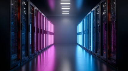 The concept of modern telecommunications is illustrated in a 3D rendering of a data center, packed with rack servers and supercomputers, showcasing the latest in supercomputer technology and stock