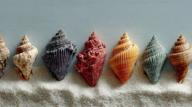 Colorful Seashells on Sand: A Summery Beach Still Life with Beautiful Shells