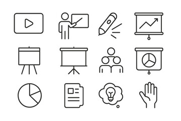 Business presentation icons: charts, graphs, and teamwork symbols