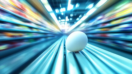 On the empty supermarket shelf, a single egg is all that remains, illustrating the depth of the food scarcity and shortage crisis