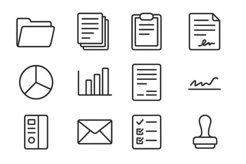 Business icons: files, charts, clipboard, documents, stamp