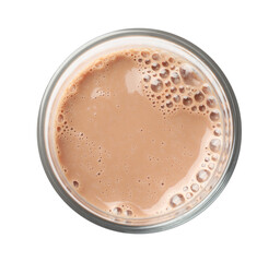 Tasty chocolate milk in glass isolated on white, top view