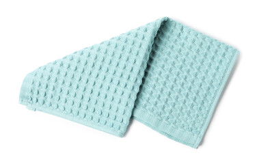 Clean light blue waffle towel isolated on white, top view