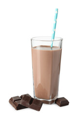 Tasty chocolate milk in glass and ingredient isolated on white