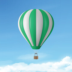 Fototapeta premium Vector Travel Banner with 3d Realistic Hot Air Balloon Icon on a Blue Sky Background. Design Template, Summer Vacation, Travelling, Tourism and Journey Concept