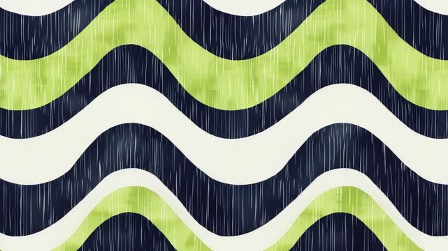 Abstract intertwined wavy chevron pattern in lime green, navy blue and ivory lime white with a linen texture, in the style of a retro design, Generative AI Videos.