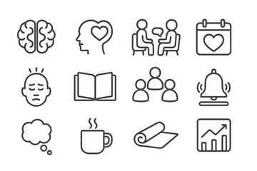 Monochrome icons of mental health and wellness activities