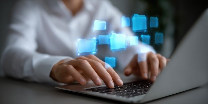 Remote desktop: online presence, digital toolset, modern interface, cloud-based work, technology blend, focused hands, creative coding, ambient lighting, interactive concept, user-oriented logic