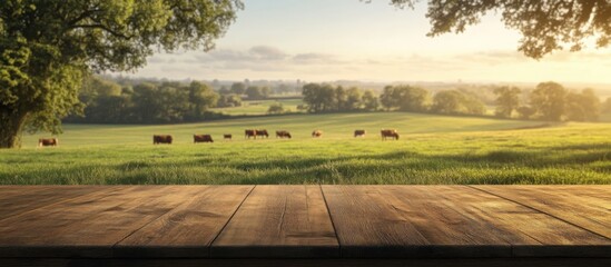 Naklejka premium Wooden Table in Nature: A tranquil vista unfolds, with a rustic wooden table set in the foreground, overlooking a sprawling green field where a herd of cattle peacefully graze.