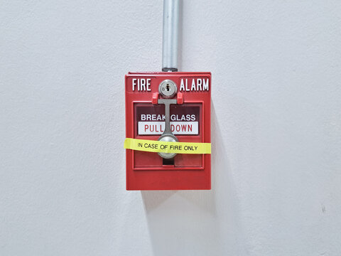 Fire alarm on the wall. Safety building system.Fire Alarm Signal on Brick wall. Fire security