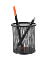 Pen and pencil in holder isolated on white