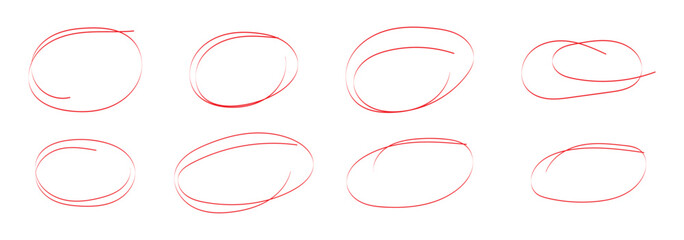 Printred pen hand drawn doodle marks, red circle and oval stroke set. Outline red drawing line clipart symbol
