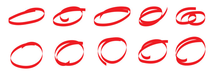Red circle line hand drawn set. Highlight mark hand drawing circle isolated on white background. Handwritten red oval circle. For marking text, note, mark icon, vector. Vector illustration. 