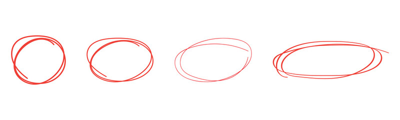 Red circle, pen draw. Highlight hand drawing different circles isolated on background. Handwritten red circle. For marking text, numbers, marker pen, pencil, logo and text check, vector illustration