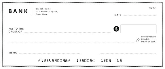 Bank check, vector blank money cheque, checkbook template with guilloche pattern and fields. Currency payment coupon, money check background