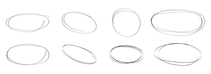 Red circle, pen draw. Highlight hand drawing different circles isolated on background. Handwritten red circle. For marking text, numbers, marker pen, pencil, logo and text check, vector illustration