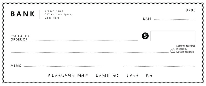 Bank check, vector blank money cheque, checkbook template with guilloche pattern and fields. Currency payment coupon, money check background