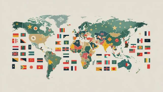 A world map with country flags representing diversity, cooperation, globalization, Generative AI Videos.