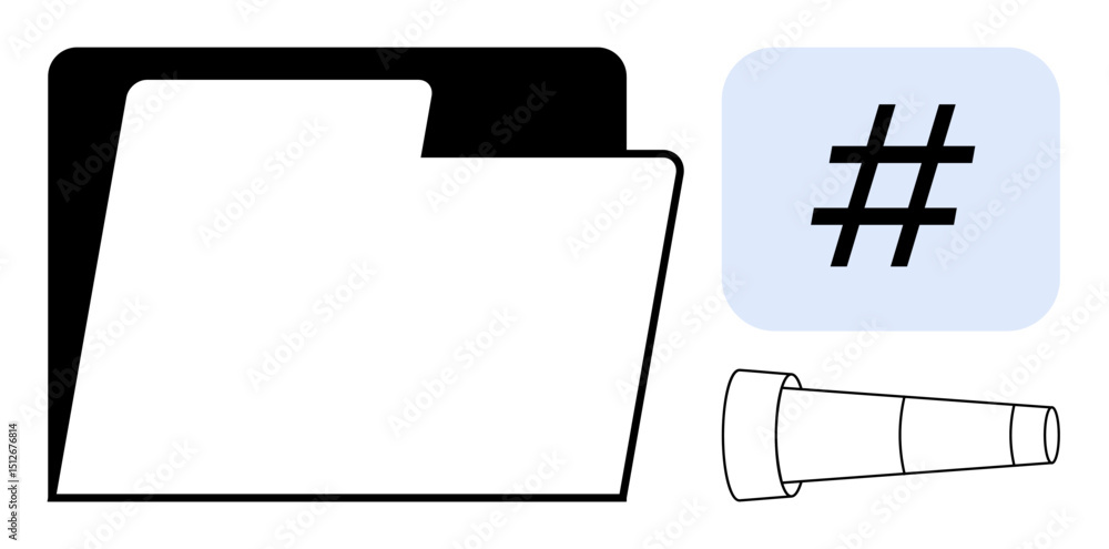 Poster open file folder, metadata tag in a light blue square, and telescope. ideal for data organization, e
