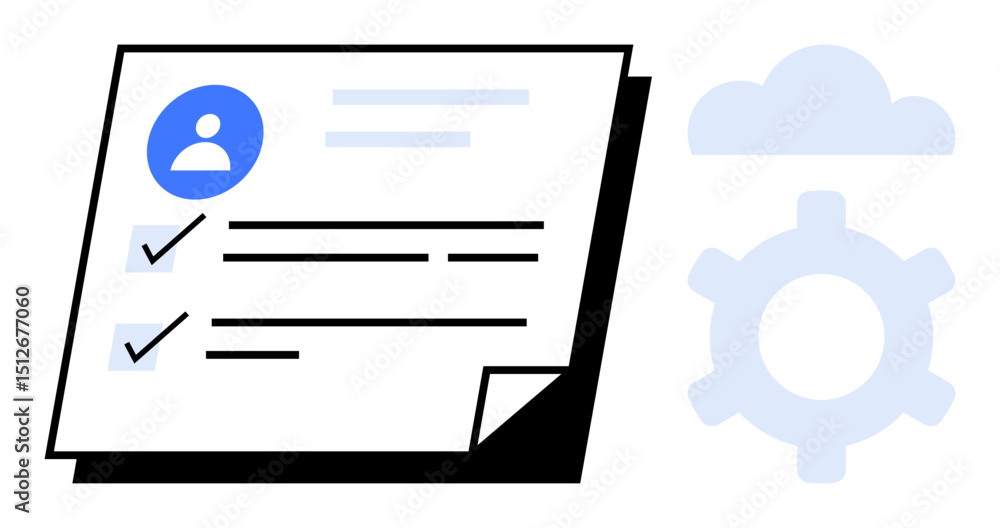 Aufkleber document with user profile, task completion checkmarks, cloud symbol, and gear icon representing aut