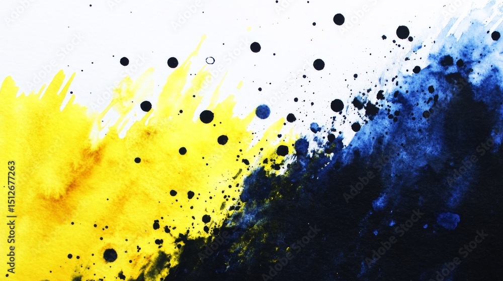 Aufkleber blue, yellow, and black splatters of varying sizes and shapes create a dynamic composition on a whit