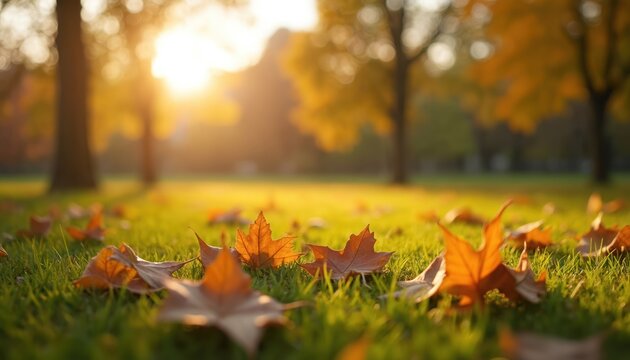 Fallen autumn leaves rest on green grass. Trees, sunlight in background, golden hour light. Fall colors, scenic outdoor park landscape. Peaceful nature.