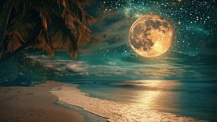 Fantasy beach scene with a giant moon and palm trees at night - Powered by Adobe