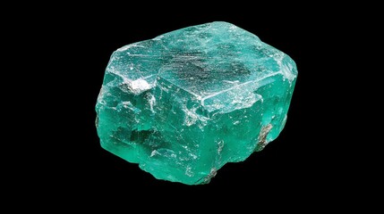 A vibrant green emerald gemstone with visible inclusions and rough edges is shown in close-up, set against a dark gray background