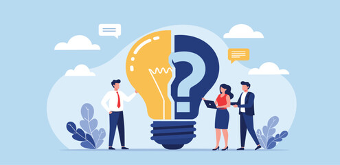 Solving problem, critical thinking root cause analysis to solution, answering question or success resolve issues, discover opportunity, creativity concept, businessman make idea from question 
