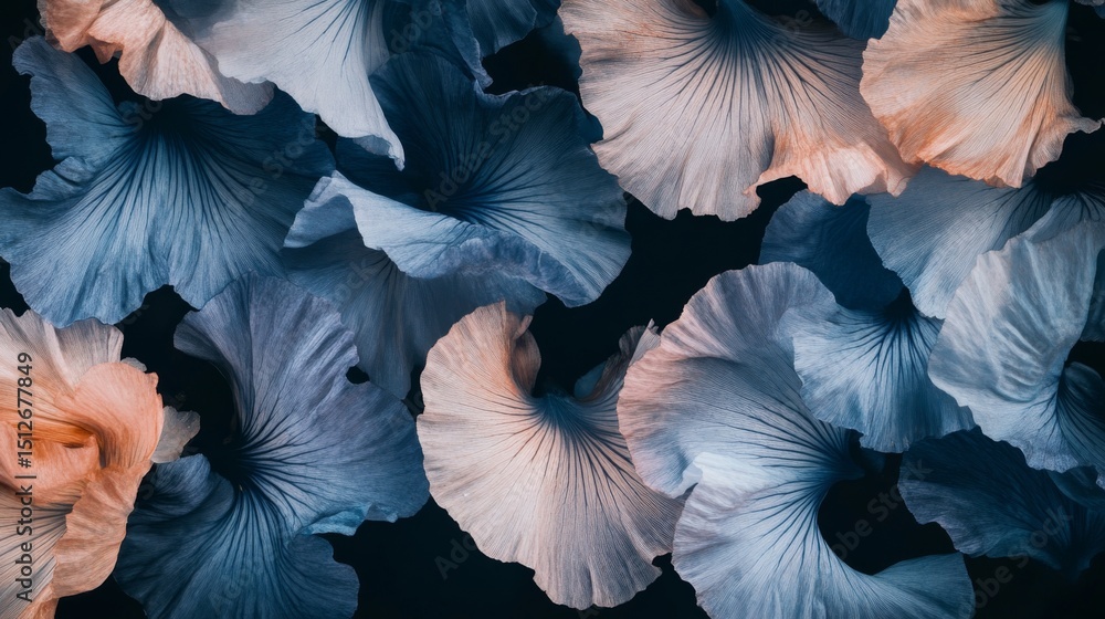 Poster the photograph features a close-up view of blue flower petals with intricate texture and soft illumi